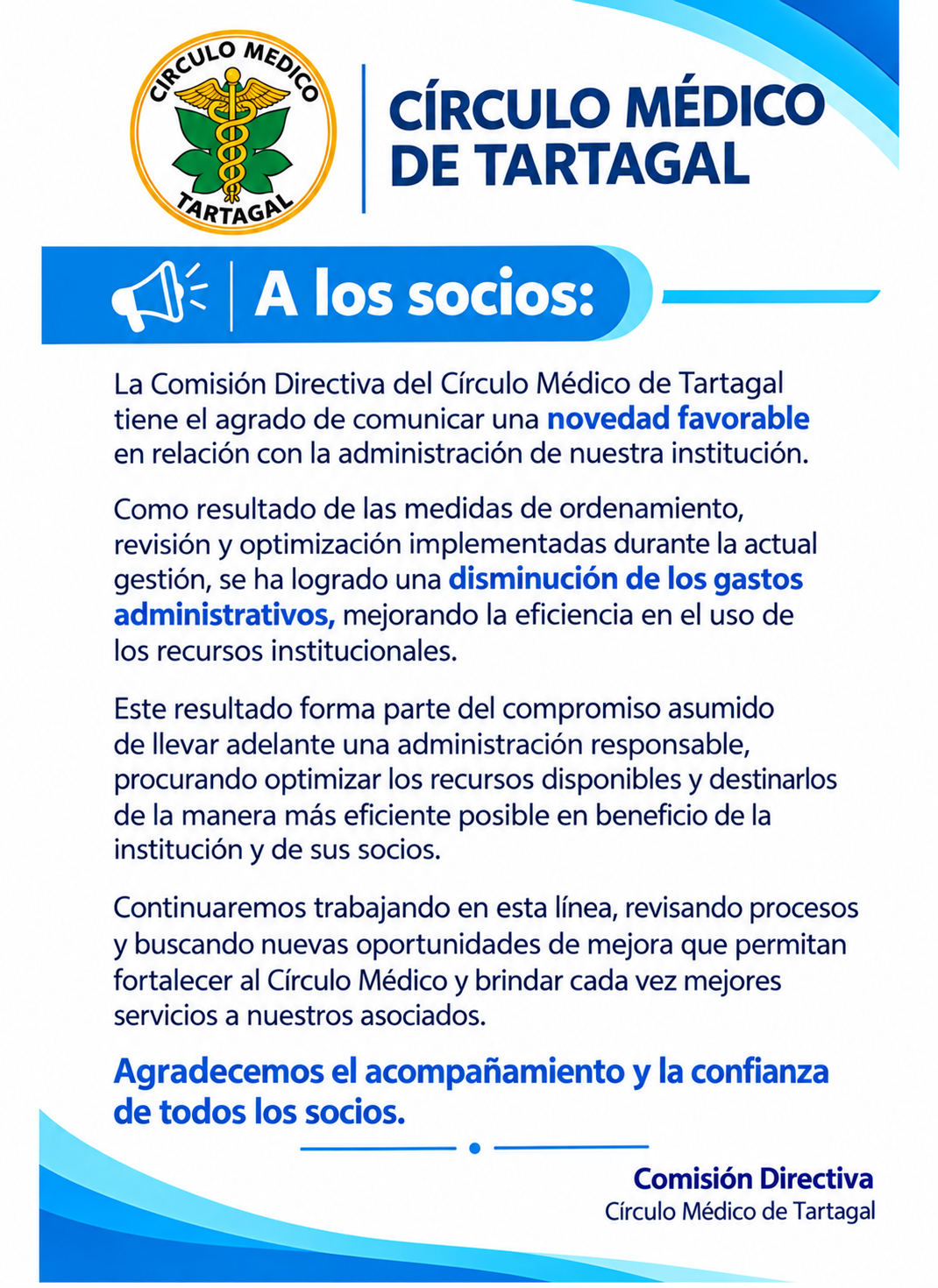 Comunicado del Círculo Médico de Tartagal a los socios sobre la disminución de los gastos administrativos